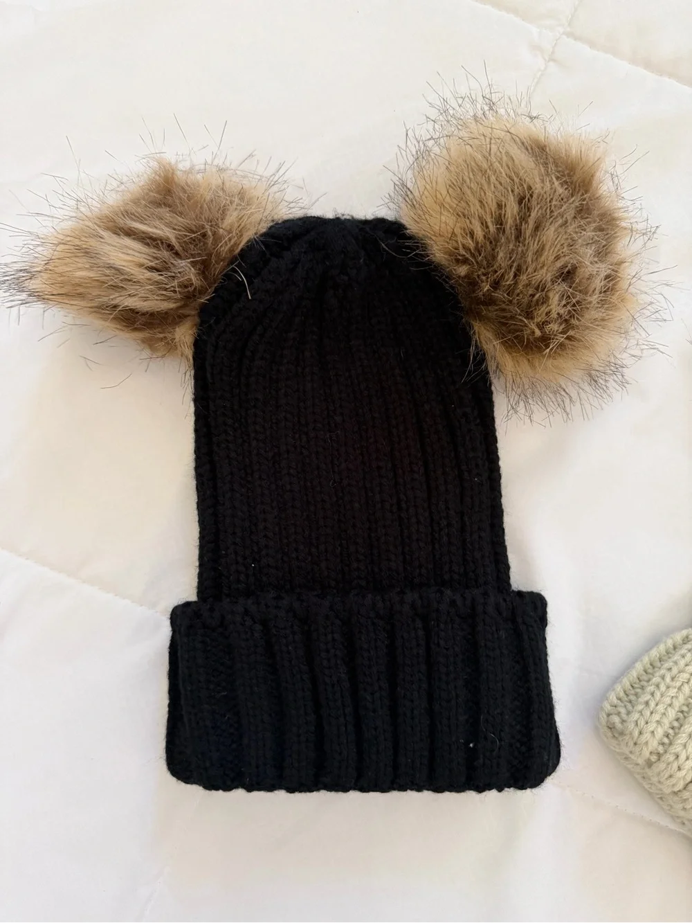 Double Pom Pom Knit Beanie for Kids - Black & Cream